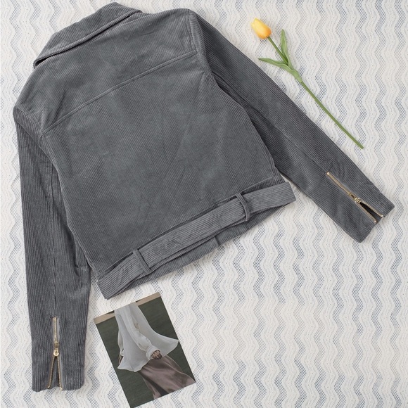 Belted Zip-Up Corduroy Jacket Gray - Picture 4 of 5